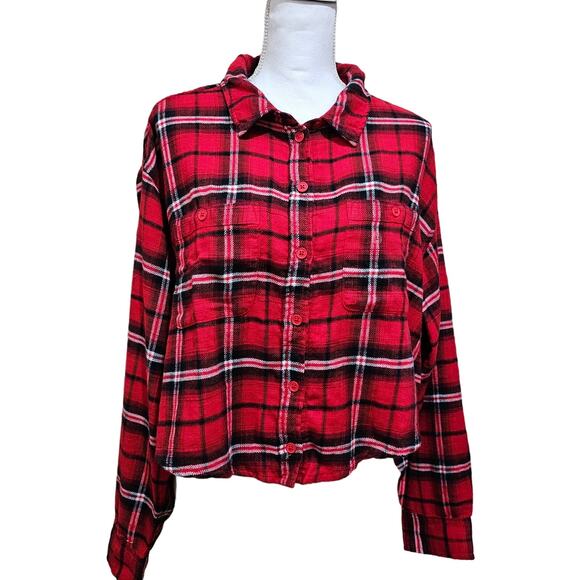 American Eagle Crop Flannel Button Down Red Plaid Top Size L - Picture 8 of 8